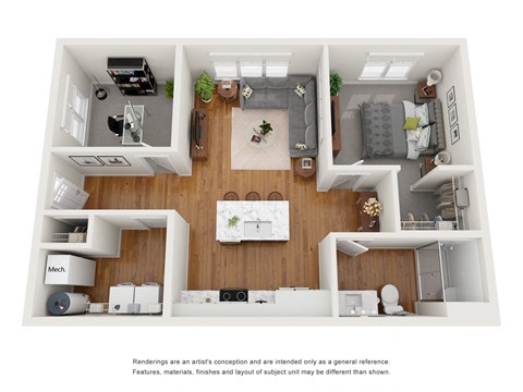 a stylized floor plan with a bedroom and a living room  at Tivoli Green Apartments & Townhomes, Mount Pleasant, Wisconsin